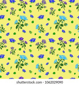 Seamless pattern, beautiful blue roses, buds and leaves, silhouette on a light yellow background, vector