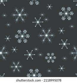 Patrón sin foco de hermosos copos de nieve azules sobre un fondo oscuro. Tema festivo de Año Nuevo. Diseño vectorial repetible para decoración de invierno, impresión, papel pintado, adornos, embalaje, textiles