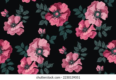 Seamless pattern, beautiful botanical print with large wild rose flowers on a dark background. Romantic botanical design with vintage motif: hand drawn pink flowers, leaves. Vector illustration.