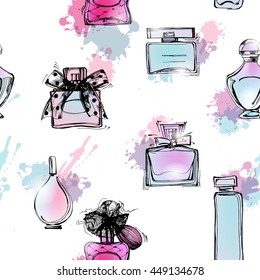Seamless pattern with beautiful bottles of perfume. Women's perfume. Vector watercolor.