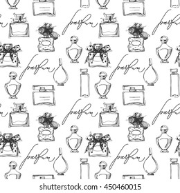 Seamless pattern with beautiful bottles of perfume. Womens perfume. Vector