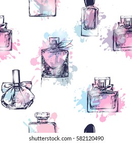 Seamless pattern with beautiful bottles of perfume. Womens perfume. Vector watercolor.