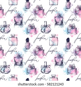 Seamless pattern with beautiful bottles of perfume. Womens perfume. Vector watercolor.