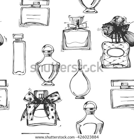 Seamless pattern with beautiful bottles of perfume. Womens perfume. Vector 