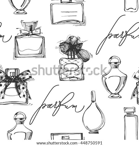 Seamless pattern with beautiful bottles of perfume. Womens perfume. Vector 