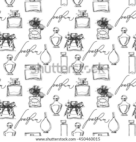 Seamless pattern with beautiful bottles of perfume. Womens perfume. Vector