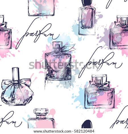 Seamless pattern with beautiful bottles of perfume. Womens perfume. Vector watercolor.
