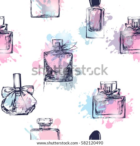 Seamless pattern with beautiful bottles of perfume. Womens perfume. Vector watercolor.
