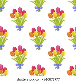 Seamless pattern with beautiful bouquet of seven multi colored tulips flat design on white background. Spring flowers with long green leaves decorated blue bow endless texture vector illustration