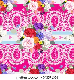 Seamless pattern with beautiful bouquets and butterflies
