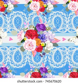 Seamless pattern with beautiful bouquets and butterflies
