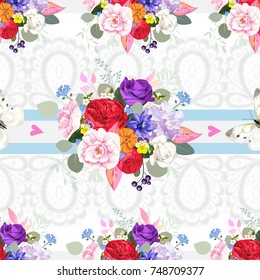 Seamless pattern with beautiful bouquets and butterflies
