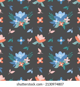 Seamless pattern with beautiful bouquets, leaves and flowers. Vector graphic on a black background. Hand drawing for cover design  phone cases,  t-shirt pillow prints, wrapping paper.