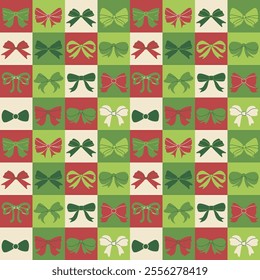 Seamless pattern of beautiful bows. Background of green and red Christmas bows hand drawn illustration. Sticker to decorate the winter holiday season.