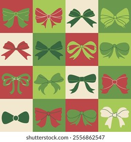 Seamless pattern of beautiful bows. Background of green and red Christmas bows hand drawn illustration. Sticker to decorate the winter holiday season.