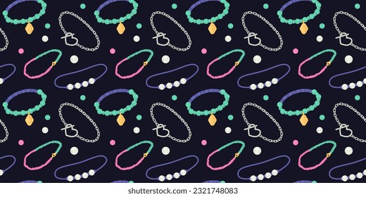 Seamless pattern with beautiful bracelets and beads on a black background.