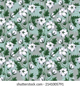 seamless pattern with beautiful branches and boxes of cotton. Background about natural and ecological materials. Texture for fabrics and wallpapers