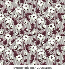 seamless pattern with beautiful branches and boxes of cotton. Background about natural and ecological materials. Texture for fabrics and wallpapers