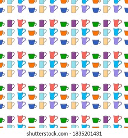 
Seamless pattern with beautiful, bright and colored pastel cups on a white background. Vintage prints in flat style for interior. Stock vector illustration for decor and design, fabric.