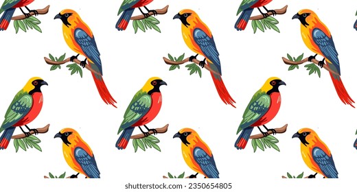 
Patrón sin foco con aves tropicales hermosas y brillantes sobre una rama de fondo blanco. Ilustración del vector