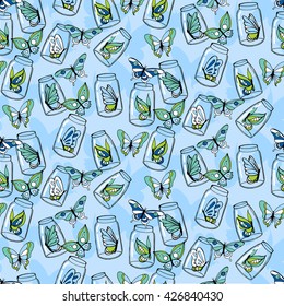 Seamless pattern with beautiful butterflies in bottles. Vector illustration