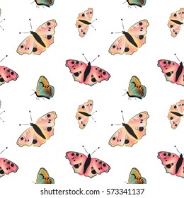 Seamless pattern with beautiful butterflies in bright colors on white background. Vector illustration for your design.