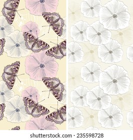 Seamless pattern of beautiful butterflies flying around flower.