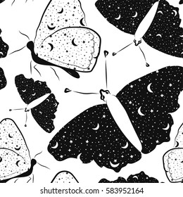 Seamless pattern with beautiful butterflies with starry sky inside in black and white colors. Vector illustration for your design.