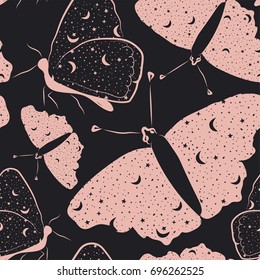 Seamless pattern with beautiful butterflies with starry sky inside in black and pink colors. Vector illustration for your design.