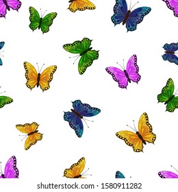 Seamless pattern. Beautiful butterfly, blue, pink, yellow and green color on white background. Cartoon vector illustration. Endless picture. Object for packaging, advertisements, design, greeting card