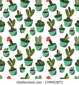 Seamless pattern beautiful cactus and houseplants collection with white background. Vector illustration