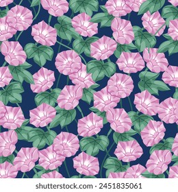 Nahtloses Muster von schönen Süßigkeiten rosa Morgenblumen. Das Muster sieht weiblich aus. Muster für Stoff- und Einwickelpapier, Muster für Design-Bildschirmhintergrund und Modedrucke.