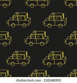 Seamless pattern with beautiful cartoon cars. Neon background for children's toy store.