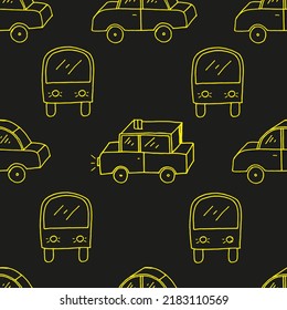 Seamless pattern with beautiful cartoon cars and school bus. Neon background for children's toy store.