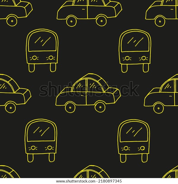 Seamless pattern with beautiful\
cartoon cars and school bus. Neon background for children\'s toy\
store.