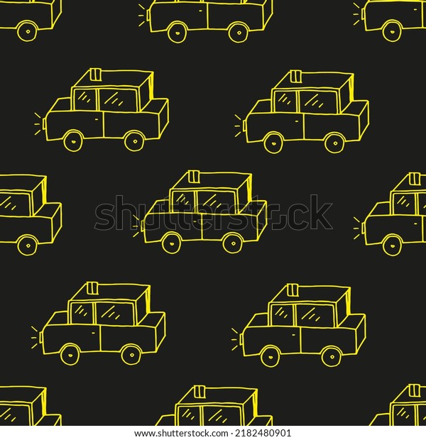 Seamless pattern with beautiful cartoon cars.\
Neon background for children\'s toy\
store.