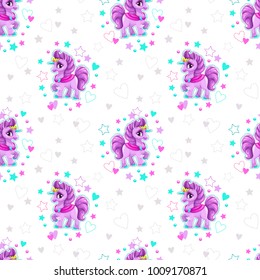 Seamless pattern with beautiful cartoon little unicorn princess, stars and hearts on the white background. Pretty girlish print. Vector girlie texture.
