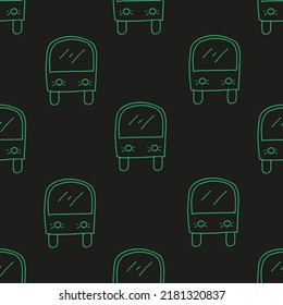 Seamless pattern with beautiful cartoon school buses. Neon background for children's toy store.