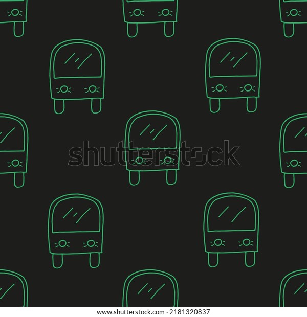 Seamless pattern with beautiful\
cartoon school buses. Neon background for children\'s toy\
store.