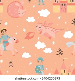 Seamless pattern with beautiful castles, knight and dragon. Ideal for printing on fabric, paper and cards