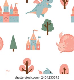 Seamless pattern with beautiful castles, knight and dragon. Ideal for printing on fabric, paper and cards