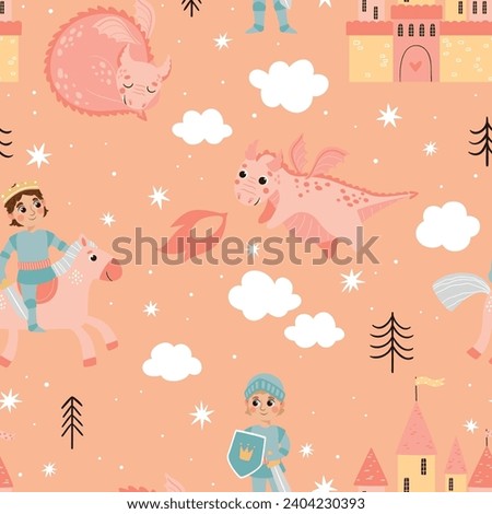 Seamless pattern with beautiful castles, knight and dragon. Ideal for printing on fabric, paper and cards