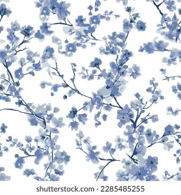 Seamless pattern with Beautiful Cherry blossom blue flowers, Sakura branch flowers Watercolor painting