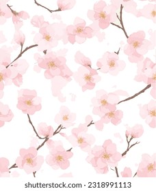 Seamless pattern with Beautiful Cherry blossom flowers, Sakura branch flowers Watercolor painting