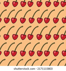 Seamless pattern with beautiful cherry on light orange background. Vector image.