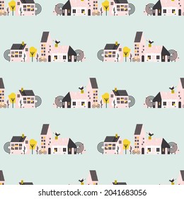 Seamless pattern with a beautiful city view. Cozy houses. A street with buildings, trees, a bike, and a bird. Vector illustration, design, fabric, wrapping paper