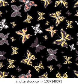 Seamless pattern. Beautiful color butterflies on a purple, black and yellow colors. Background for fabric, textile, print and invitation. Vector illustration.
