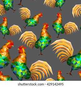 Seamless pattern with beautiful colorful and bright polygon rooster on grey background. Vector illustration for your graphic design.