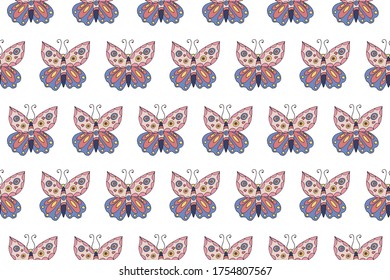 Seamless pattern with beautiful colorful butterfly on white background. Perfect for textile fabric print, wrapping, wallpapers, decoration, etc. Hand drawn illustration.