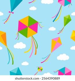 Seamless pattern with beautiful colorful kites and clouds in the sky. Background with happy kites of various shapes and colors fly in the blue sky. Vector illustration